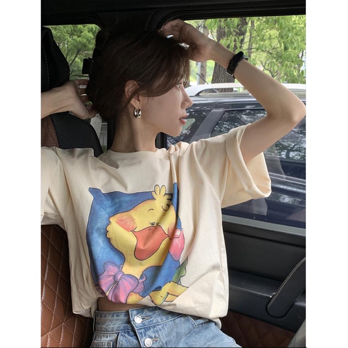 baju kaos wanita duck cartoon graphic printing t shirt korean style baju atasan wanita oversize casual kaos