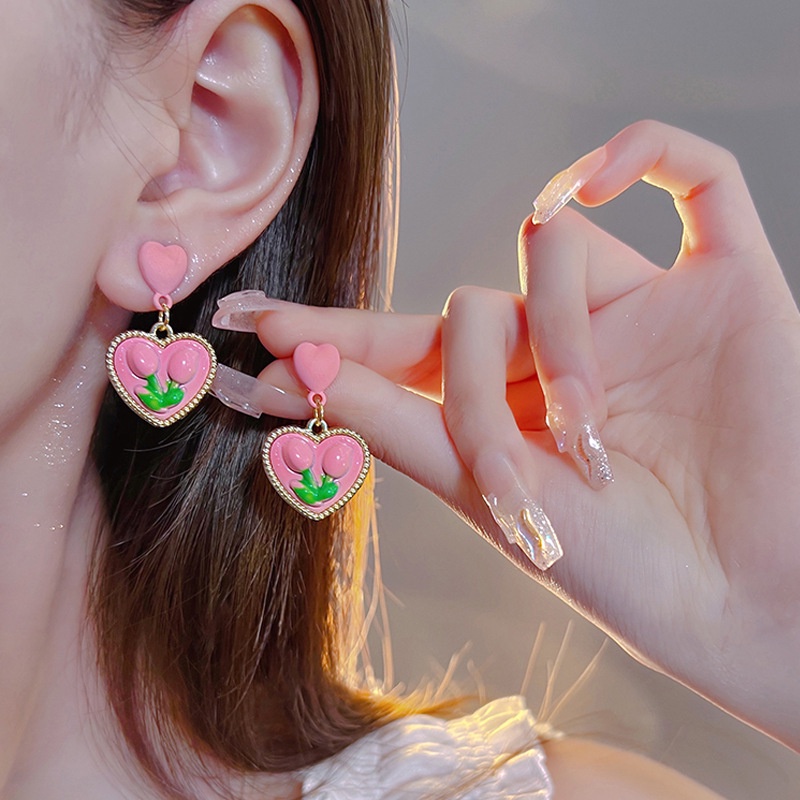 Anting Dan Kalung Rantai Liontin Hati Tulip Peach Warna Pink Gaya Korea Untuk Wanita