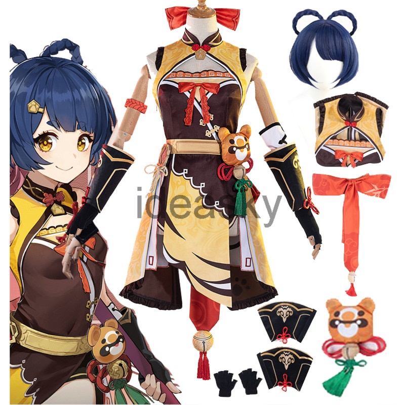 PREORDER Game Genshin Impact xiangling maid Cosplay Costume hairclip guoba Wigs xiang ling Women Dre