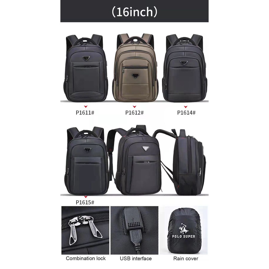 Polo Super - Tas Pria Ransel Laptop 16 inc Backpack Polo Original Import Tas Sekolah SMP-SMA Tas Kuliah Trendy Tas Kantoran Casual