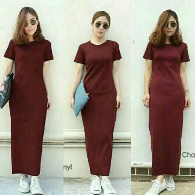 Tq88indonesia Fashion Baju Dress Bodycon Panjang / ELSA PLAIN MAXI / Busana Casual Cewek / Ootd / Outfit Kasual Kekinian