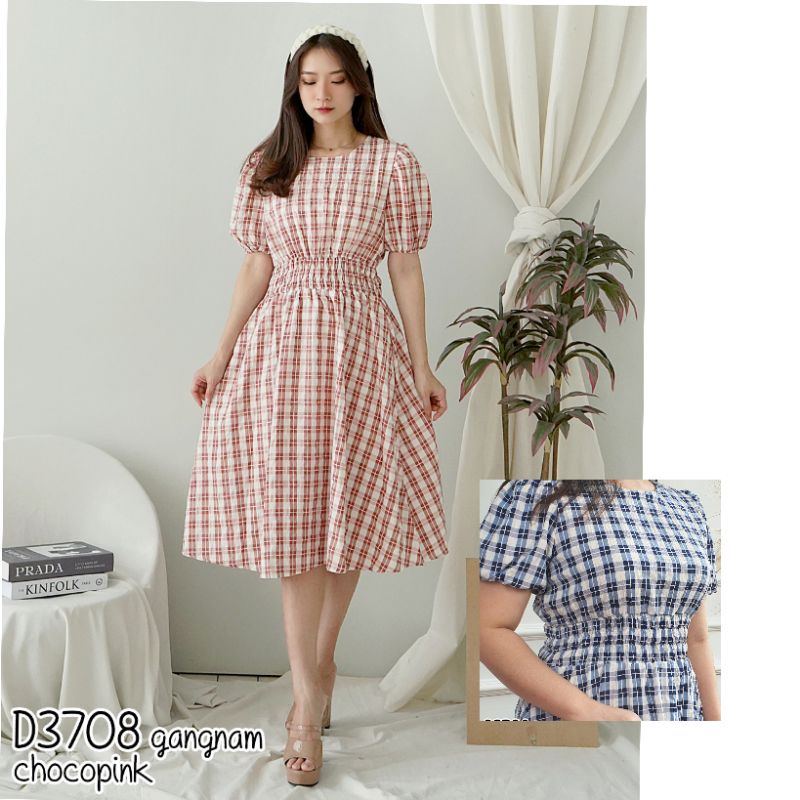 Flare Midi Dress Wanita Casual Pinggang Karet Lengan Pendek Motif Kotak Kotak 3708