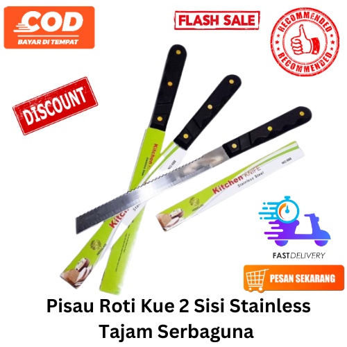 [BISA COD] DISKON Pisau Roti Kue 2 Sisi Stainless Tajam Serbaguna Pisau Roti Panjang Pisau Roti Tawa