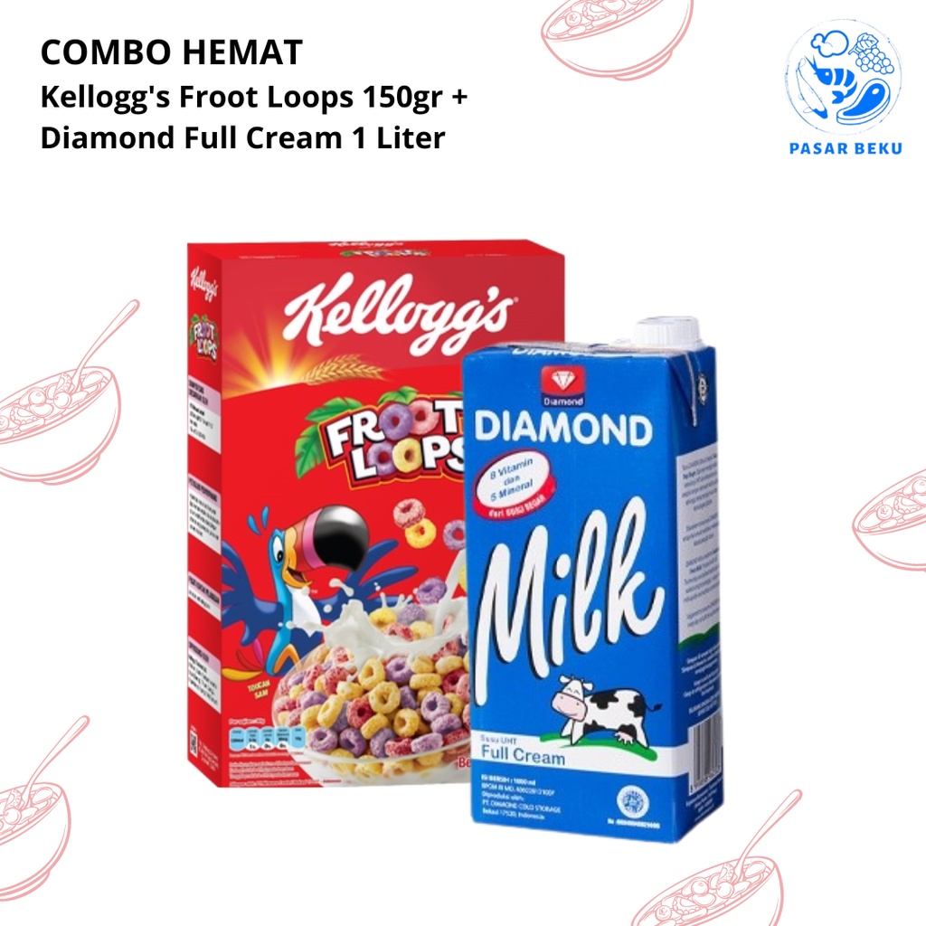 

Combo Hemat Kellogg"s Froot Loops 150gr + Diamond Full Cream 1000ml Sereal Sarapan Pasar Beku Padang