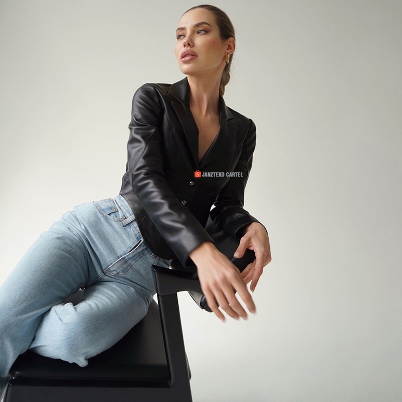 JNK x GEO - Jaket Wanita Blazer PU Leather Jacket Shirt Black Bahan Semi Kulit Sintetis Viena Faux Synthetic Premium Original Genuine Elegan Style Streetwear New Fashion Women Long Sleeved Single Breasted Suit Collar Slim Cardigan Ladies Cewek Remaja 2023