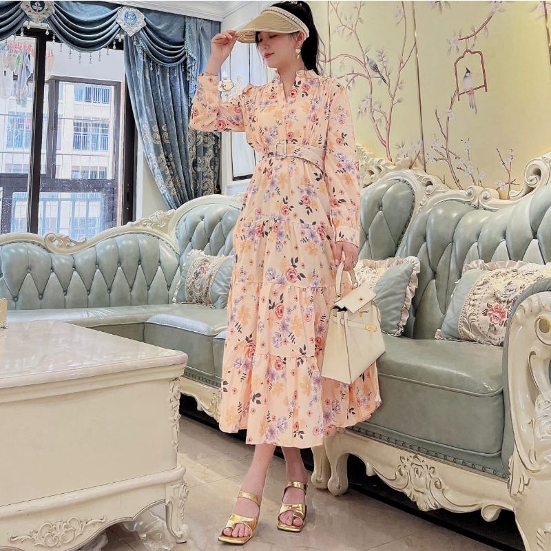 MDLV ~ 12347# Betania Belted Maxi Dress Flower Dress Premium Fashion Import