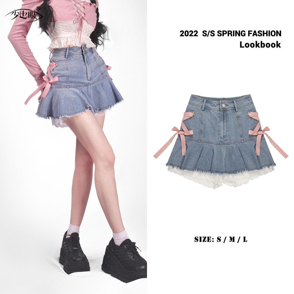 #Sisjuly# Rok denim bertali merah muda wanita rok kasa putih mempesona rok pendek pinggang tinggi ba