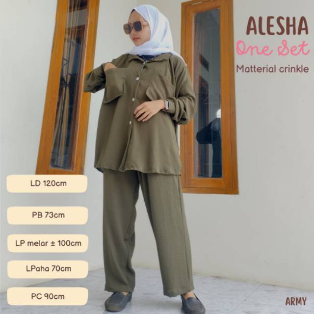 Alesha Oneset bahan rayon crinkle Airflow Ld120cm setelan dewasa tangan panjang celana panjang polos