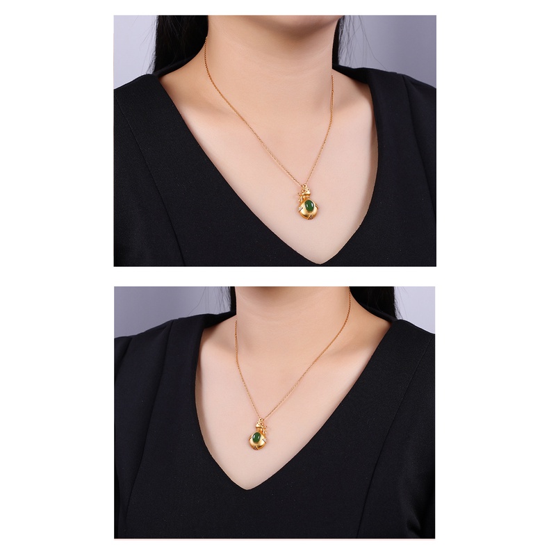 Kalung Liontin Giok Hetian Jasper Emas Asli Kadar 375Gaya Kuno Untuk Wanita