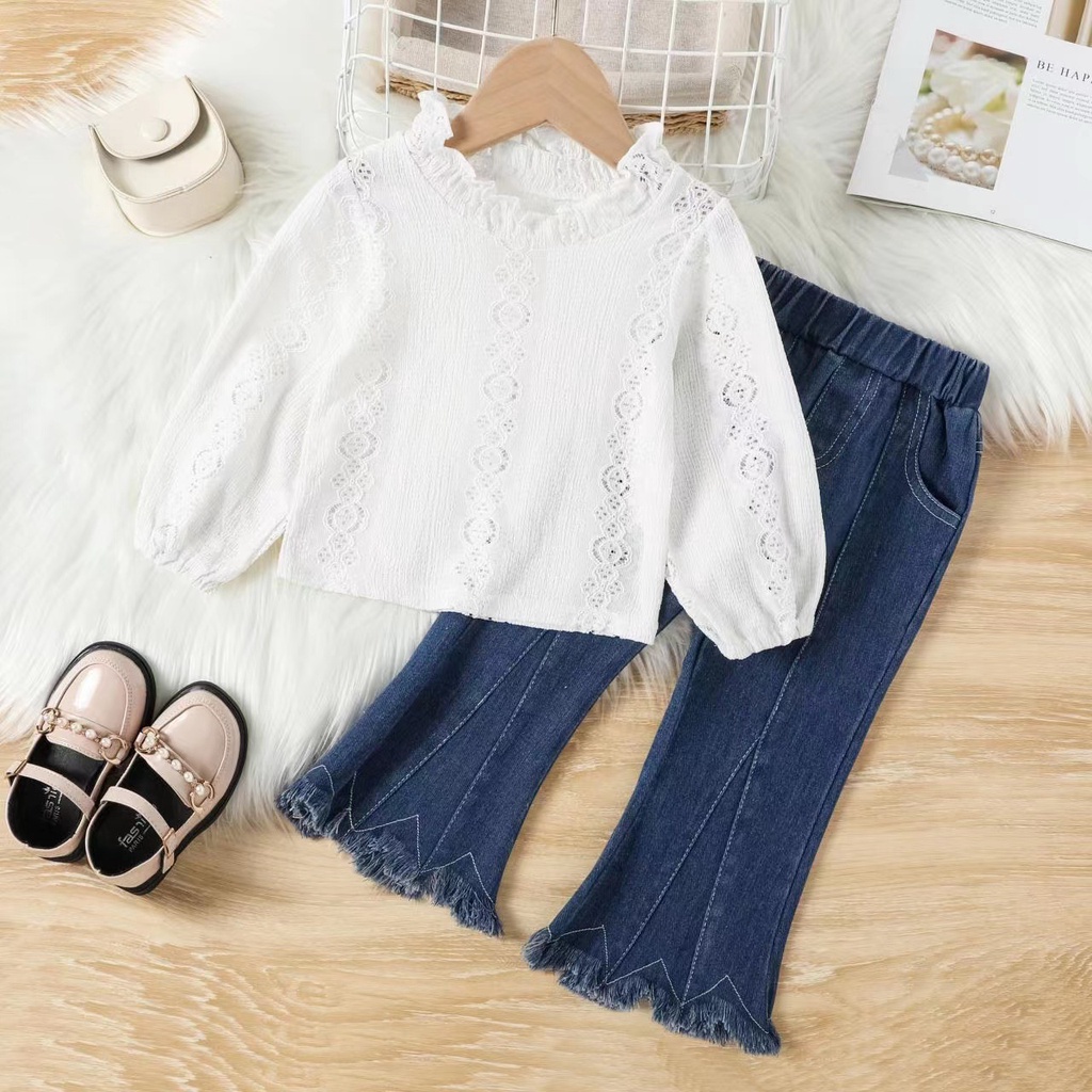 SETELAN ANAK CEWEK BRUKAT hitam putih + JEANS CUTBRAY SIZE 90-140