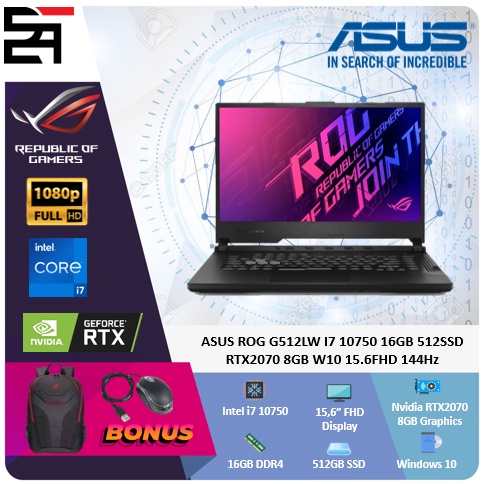 Asus ROG G512LW RTX2070-8GB i7 10750H 16GB 512GB SSD  W10 15,6 Inchi FHD 144Hz