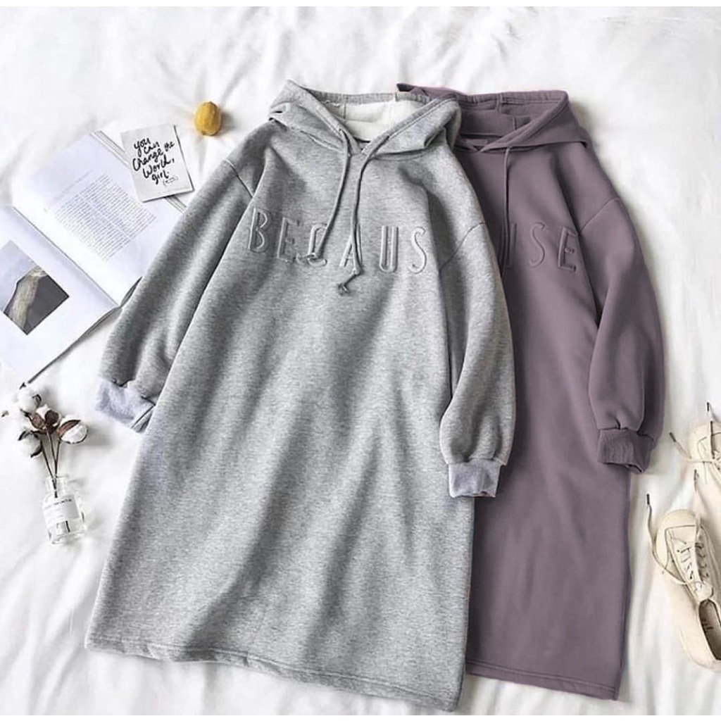 Long Sweater Because - Bordir - Cocok Dipakai untuk yang Berhijab atau Non Hijab - Bahan Fleece