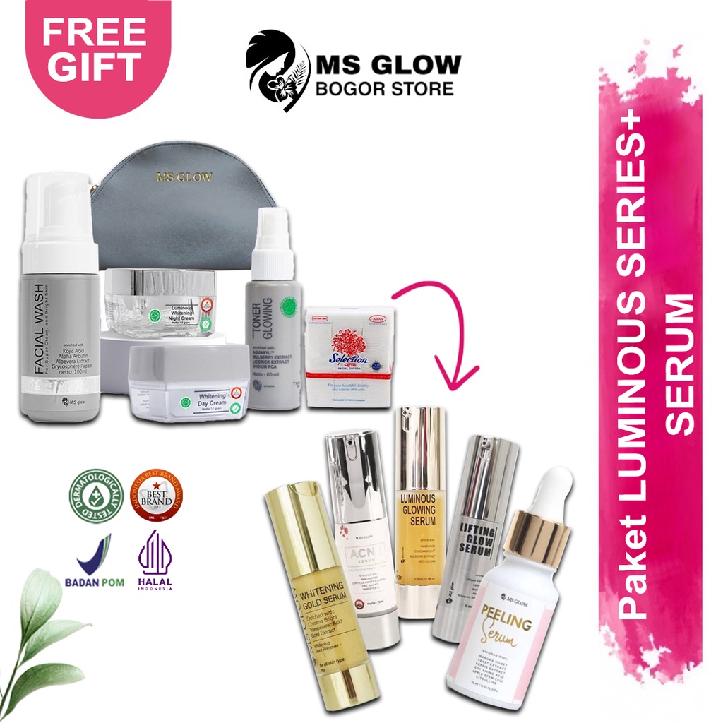 PAKET MS GLOW + SERUM, Ms Glow Whitening Series Ms Glow Acne Series Ms Glow Luminous series Ms Glow 