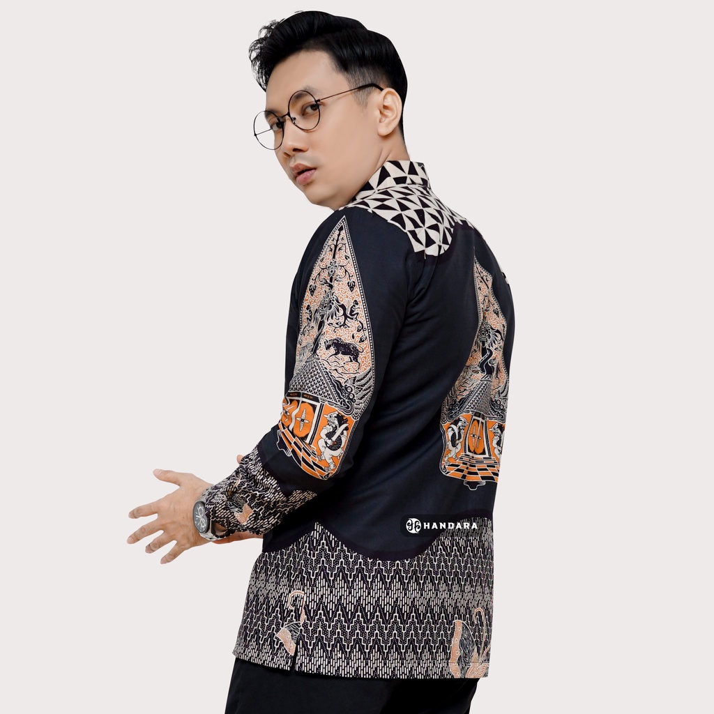 Baju Kemeja Batik Pria Lengan Panjang Slim Fit Premium Modern Full Furing Katun Halus Original Handara Motif Gunungan Sindoro Hitam HB-103
