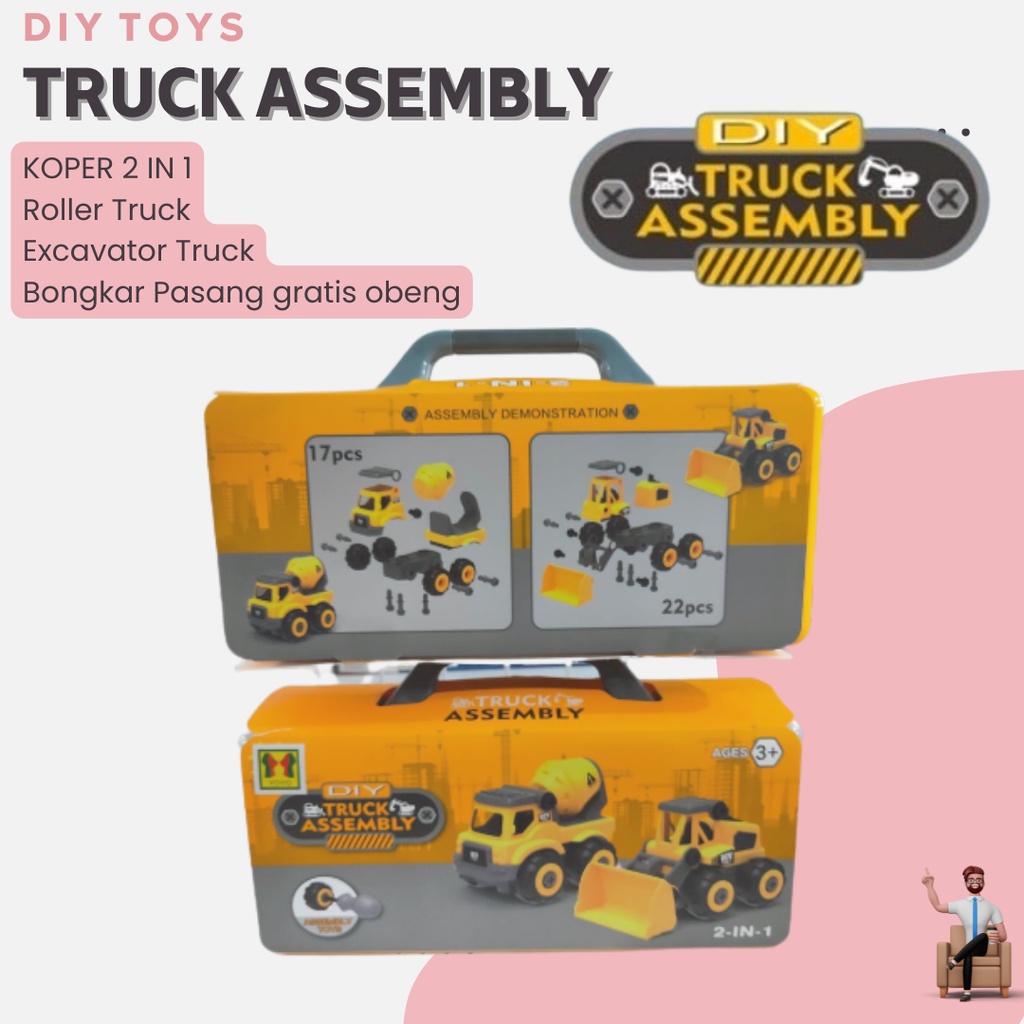 Mainan Mobil Bongkar Pasang Anak Laki DIY Truck Assembly 2 in 1 dengan Koper