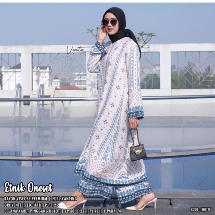 ✨COD✨ setelan celana panjang wanita terbaru set long tunik jumbo etnik - Putih