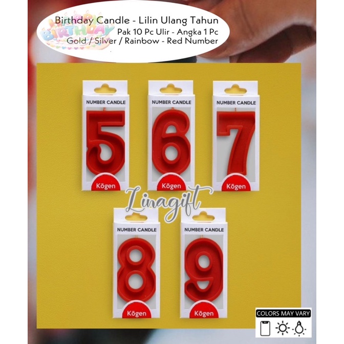 ( Pak / Ecer ) BIRTHDAY CANDLE - LILIN ULANG TAHUN 10 PC ULIR SILVER GOLD RAINBOW / ANGKA MERAH RED 0123456789