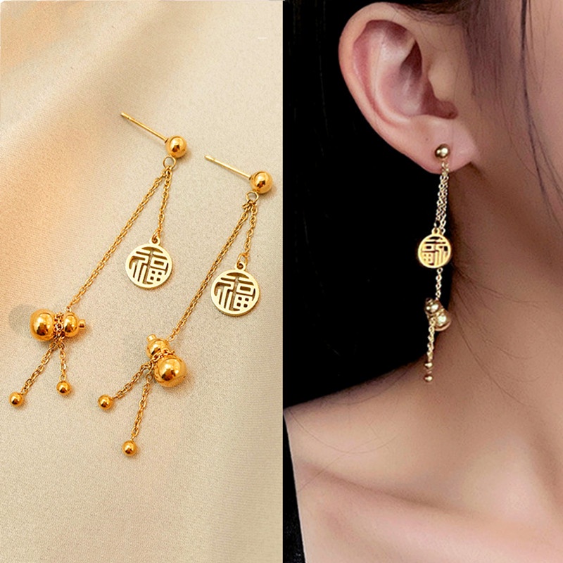 Anting Titanium Kupu Kupu gantung Panjang Anti Karat dan anti luntur Lapis Emas 18K Rumbai Perhiasan Korea