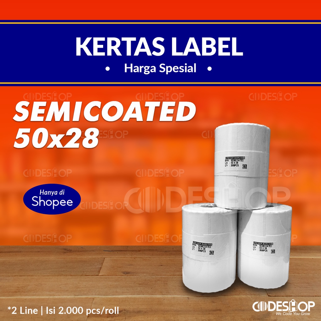 Label Barcode Semicoated 50x28 Sticker e-Tiket 2 Line 2000Pcs 50 x 28