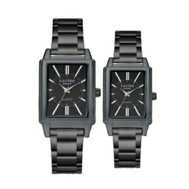 Jam Tangan Persegi Pria Wanita Couple  Gastro Ful Black Rantai Stainless Steel Persegi Panjang Terbaru_Jam Couple