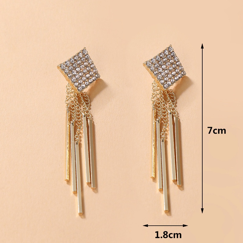 Anting Tusuk Gantung Wanita Desain Rumbai Panjang Hias Berlian Imitasi Warna Gold Gaya Korea / Simple Untuk Pesta