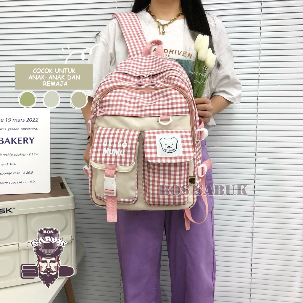 Tas Sekolah Korean Style Tas Ransel Wanita Backpack Korea Fashion Tas Wanita  -BS184-Pink Kotak