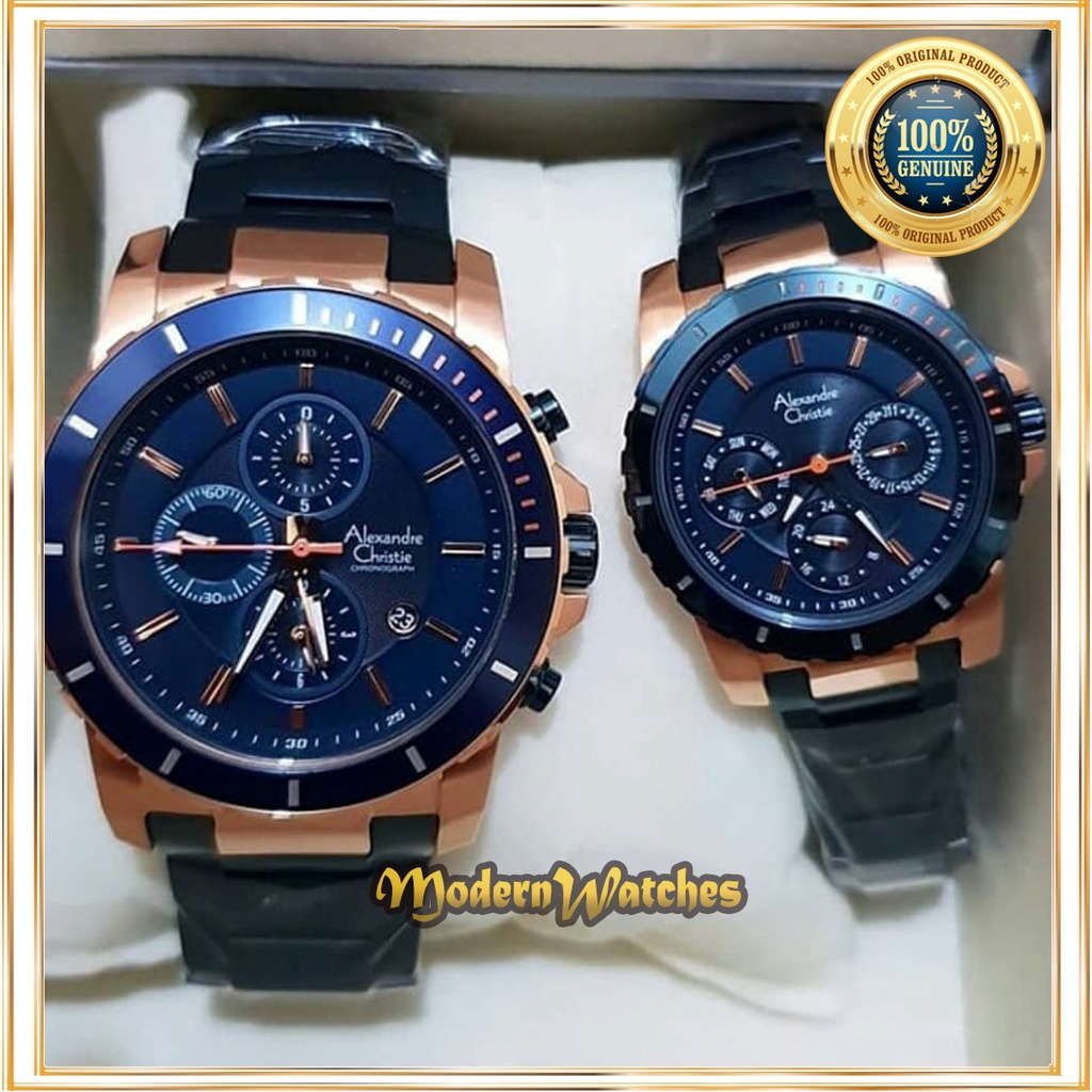 Jam Tangan Couple Alexandre Christie Original AC 6141 Blue Rosegold Biru Dongker Navy Rantai Sporty 