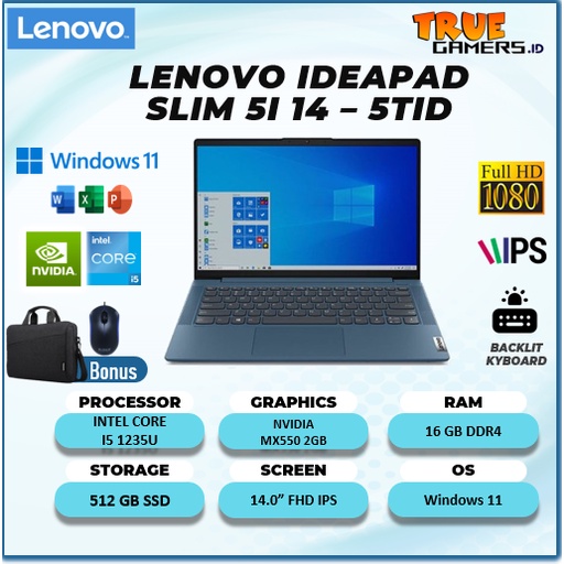 LAPTOP LENOVO IDEAPAD SLIM 5i 14 MX550 2GB INTEL I5 1235U 16GB 512SSD  WINDOWS11 FREE OHS 14.0FHD IPS BLIT GARANSI 2 TAHUN