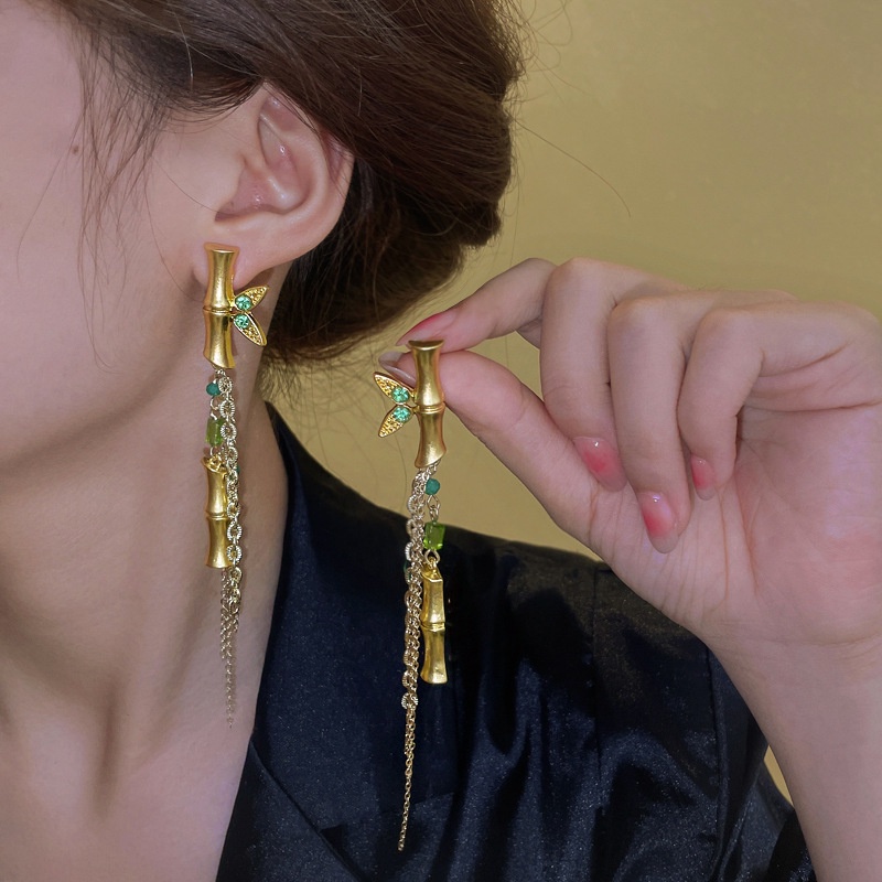 Anting Tusuk Gantung Bahan Bambu Desain Bambu Hijaurumbai Gaya Cinaunik Untuk Wanita