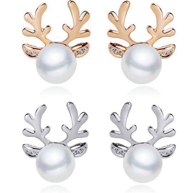 Anting Stud Desain Rusa Natal Aksen Mutiara Gaya Elegan Untuk Wanita