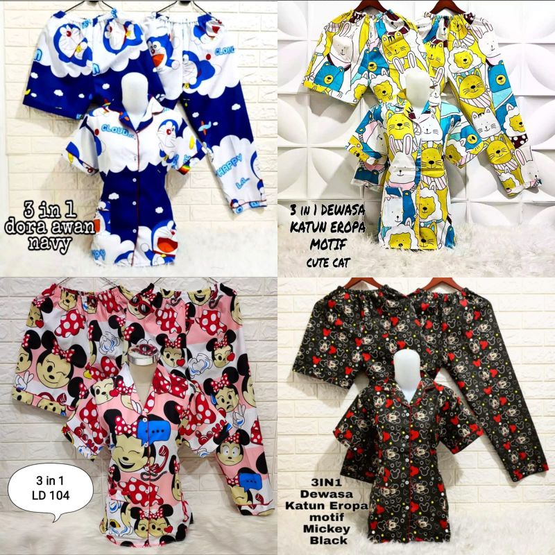 Piyama 3 in 1 dewasa L fit to XL karakter motif