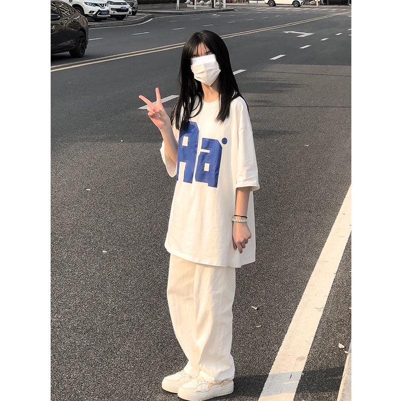 EUNII T-shirt Lengan Pendek Retro Aa Surat Modis Pencetakan Longgar Korean Style/Kaos Atasan Wanita/Baju Kaus Oversize Wanita