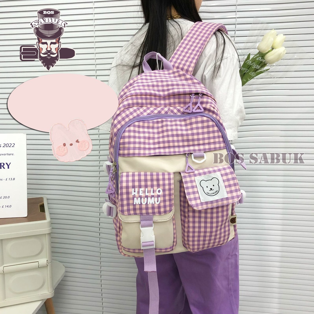 Tas Sekolah Korean Style Tas Ransel Wanita Backpack Korea Fashion Tas Wanita  -BS184-Ungu Kotak