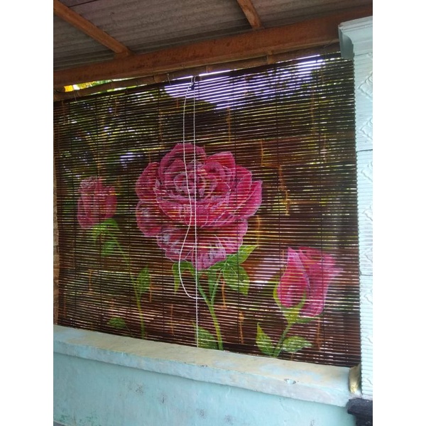 Tirai bambu Wulung motif bunga mawar lebar 1,5 tinggi 2  finishing plitur+ katrol