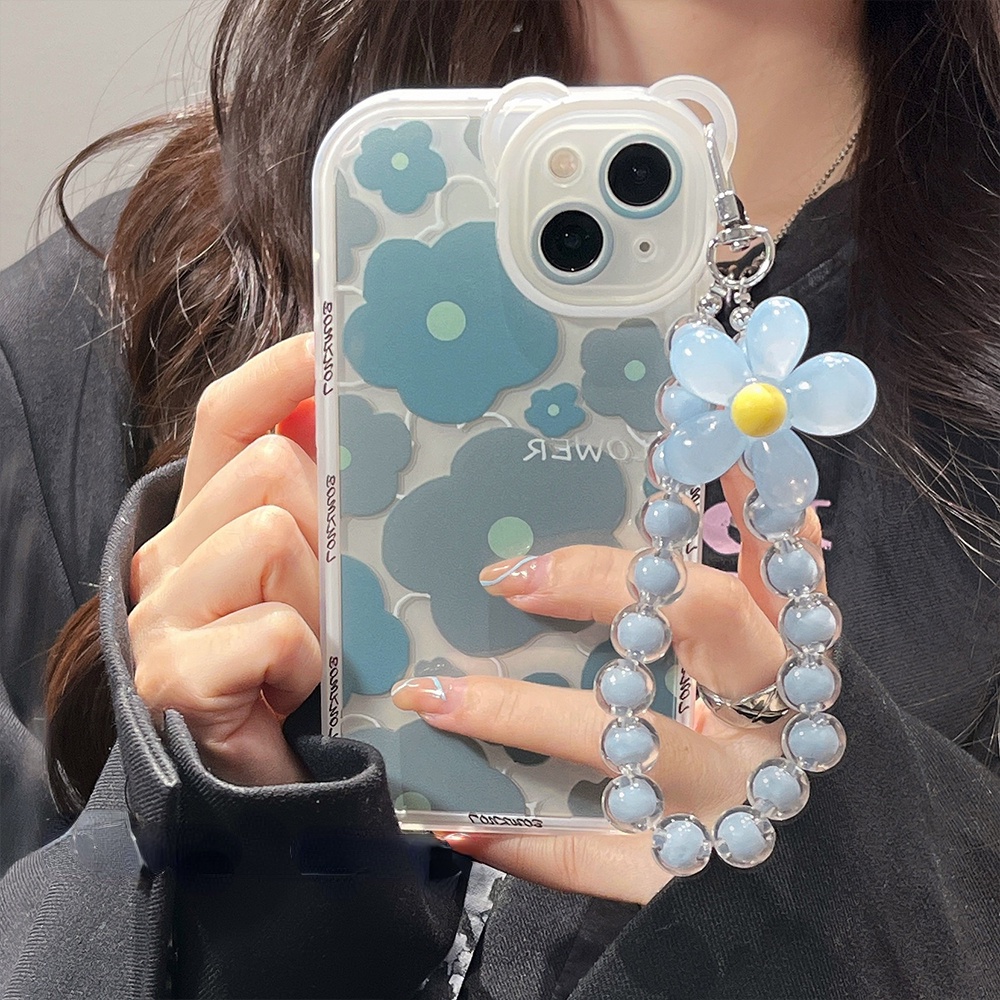 Soft Case Silikon Motif Bunga / Beruang Untuk Compatible for iPhone 14 13 12 11 Pro Max X Xr Xs Max SE 2020 8 7 6 6s Plus handphone Case murah Blue-gray Flower Phone Case Bear Ears All-inclusive Lens Clear Silicone Shockproof Phone Back ChainCasing Cover