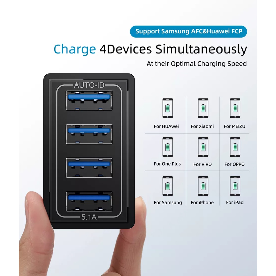 Adaptor Pengisi Daya Ponsel Universal 4 Port USB Travel Charger 5V 5.1A Smart SmartPhone USB Batok Kepala Pengisi Daya Cepat Smart Charger Plus kabel Micro