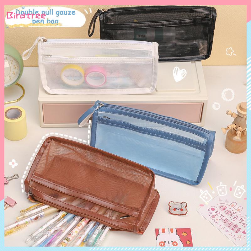 

[Readystock❤️COD]Sederhana dua ritsleting kotak pensil Mesh dua lapisan besar - kantong alat tulis besar- BS