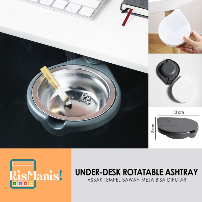 UNDER-DESK ROTATABLE ASHTRAY - Asbak Tempat Sampah Tempel Bawah Meja Kerja Stainless Steel Rotasi Berputar 360 Derajat Abu Puntung Rokok