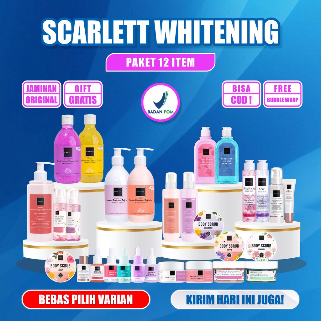 Scarlett Whitening Paket Hemat 12 Item Reseller Sepaket Lengkap Serum Toner Body Lotion Shower Scrub