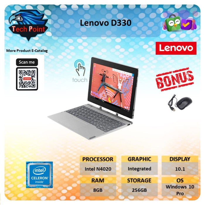 {MahesStore} Lenovo Slim D330 Flex TOUCH N4020 8GB 256GB W10Pro 10.1 GRY Berkualitas