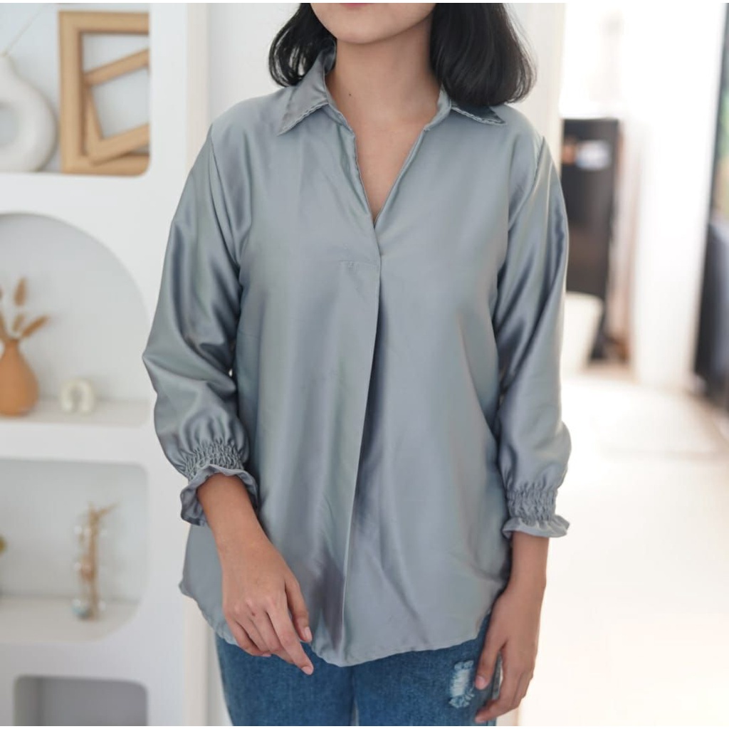 Tq88indonesia Fashion Baju Atasan Wanita Terbaru  / FORTUNE SATEEN SILK OVERSIZE BLOUSE Polos / Blus / Busana Casual Cewek / Ootd / Outfit