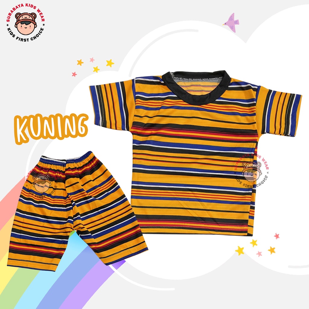 Setelan Kaos Anak Lengan Pendek Salur Warna Rainbow