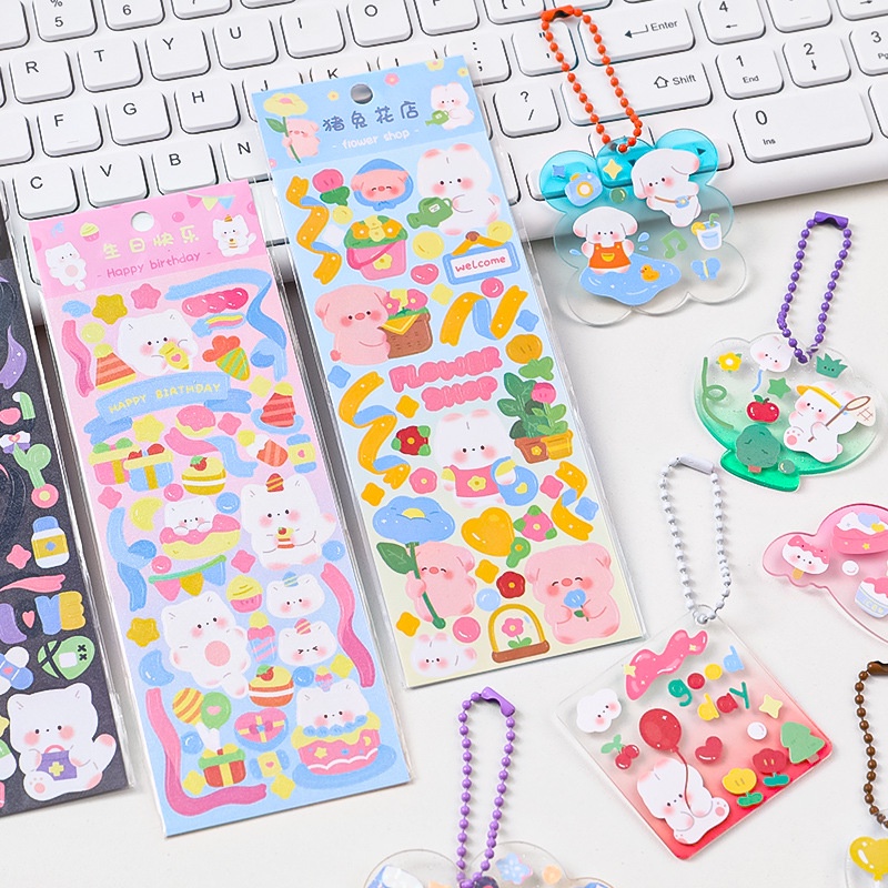 

Sticker PVC PET Laser | Stiker Glitter Motif Kartun Korea per 1 lembar | Sticker Bear Bunny Girl & Puppy