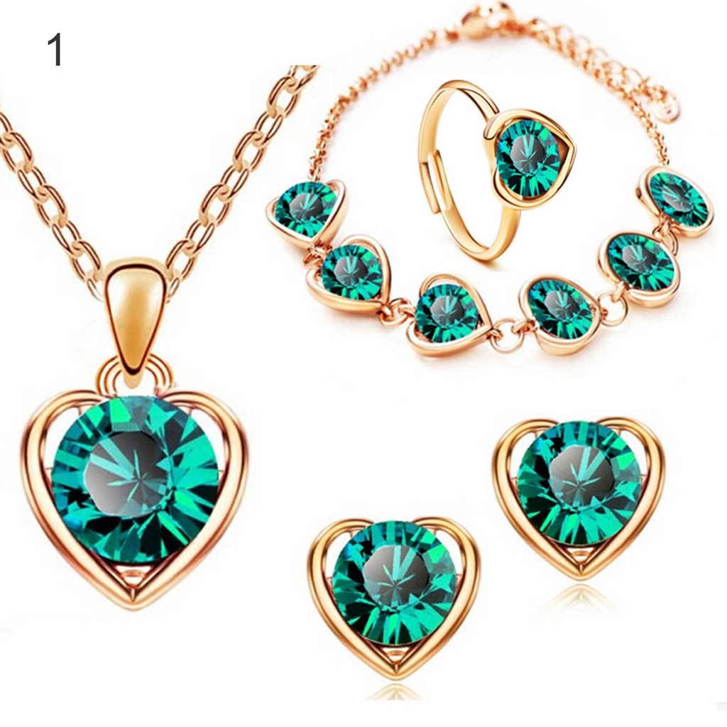 4pcs / Set Kalung Anting Gelang Cincin Liontin Hati Aksen Berlian Imitasi Adjustable Untuk Wanita