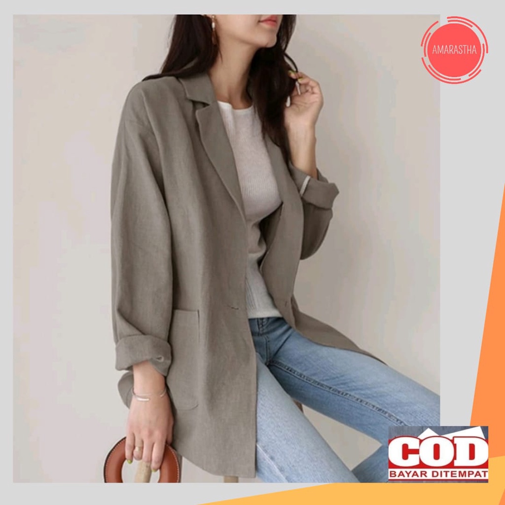 Blazer Wanita Casual Korean Style Linen Lengan Panjang