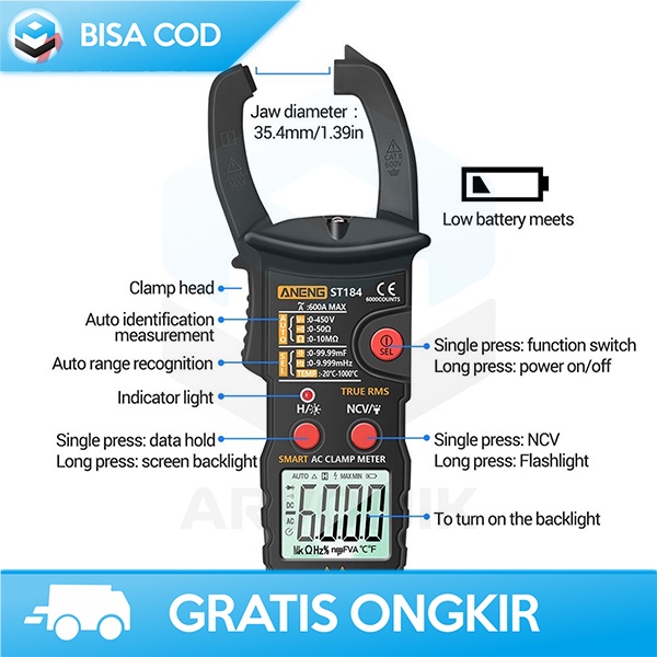 MULTITESTER CLAMP METER TANG AMPERE ANENG TEMPERATURE PROB HEMAT ST184