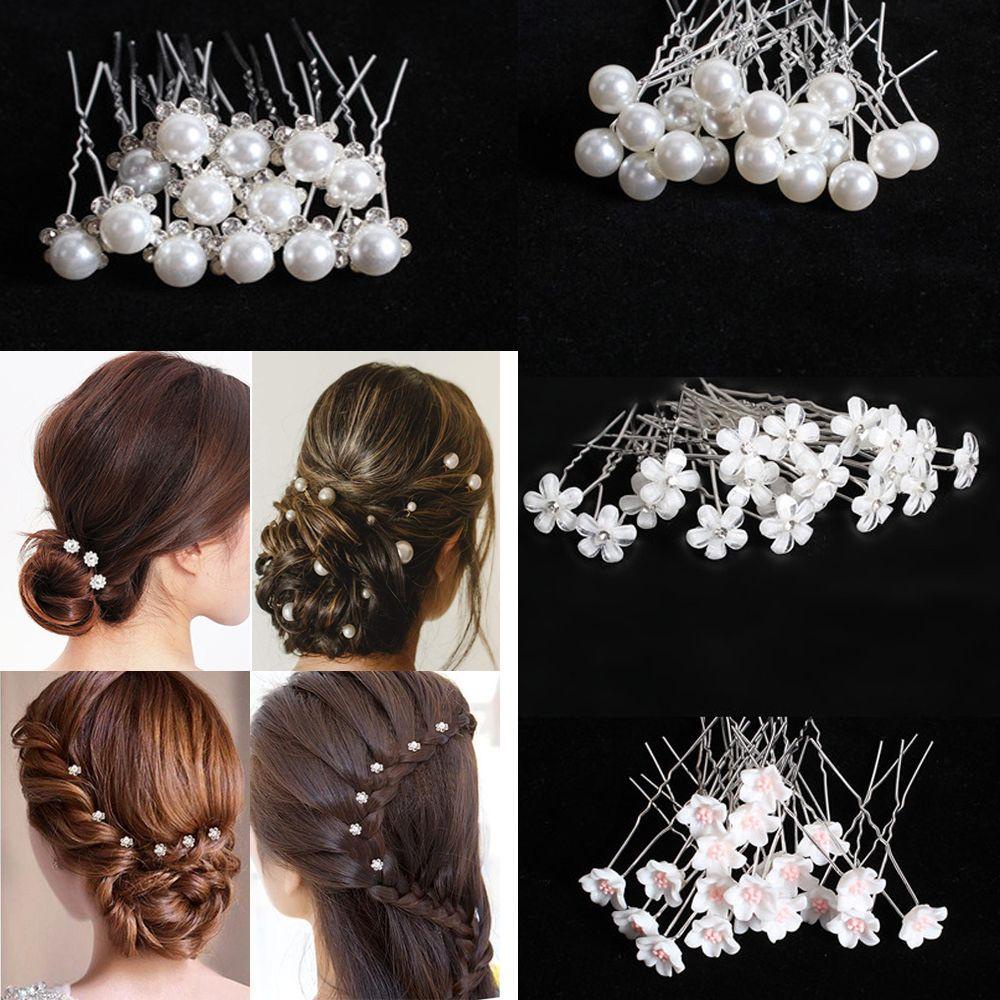 20pcs hairpins U shape flower design pearl accent crystal rhinestone for Bride