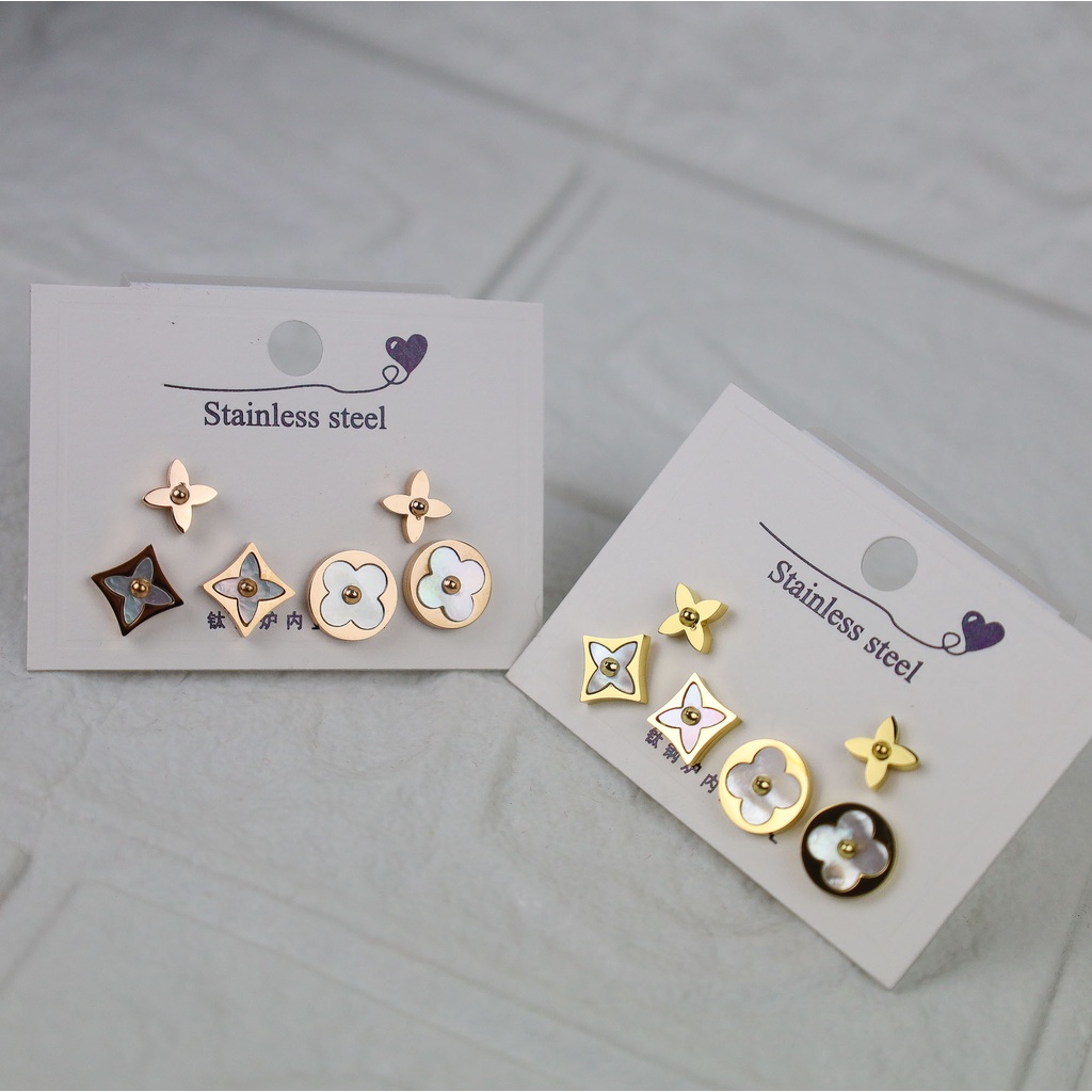 Anting stud bunga ##LV## 3 pasang hoop titanium tidak karat bisa cod