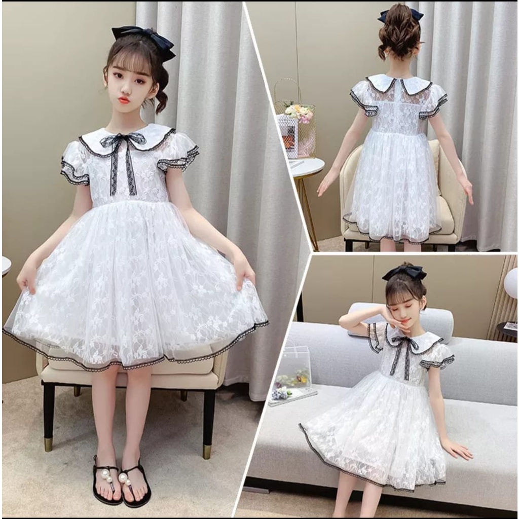KIDS DRESS VICTORIA WHITE /UMUR 6-10 TH / TERBARU/ 3 LAPIS PURING/U /IMPOR/KOREA