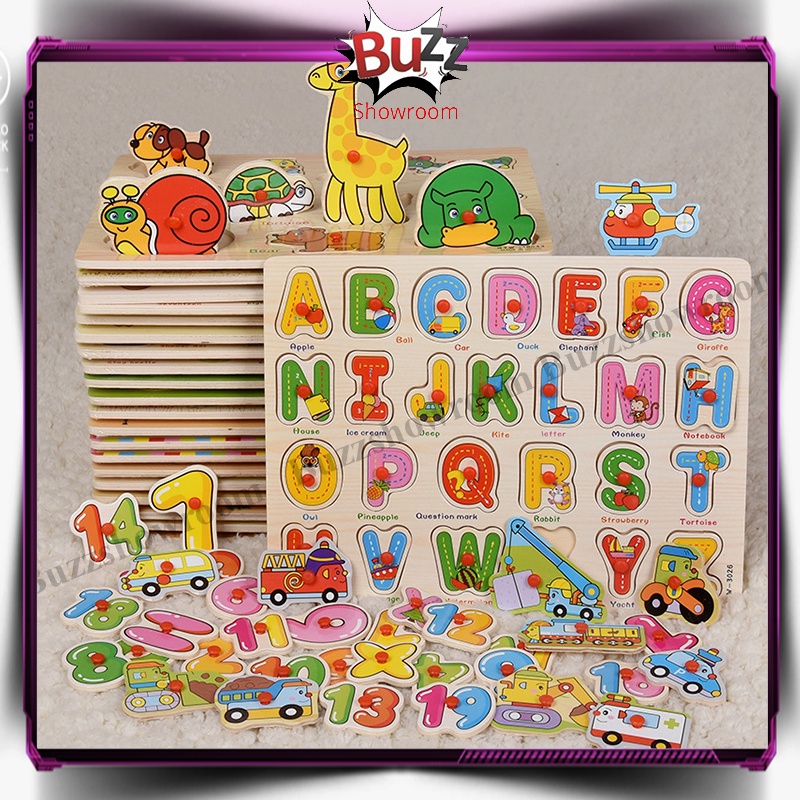 Puzzle Knob Kayu Mainan Edukasi Anak Paku Huruf Angka Buah Wooden Toys